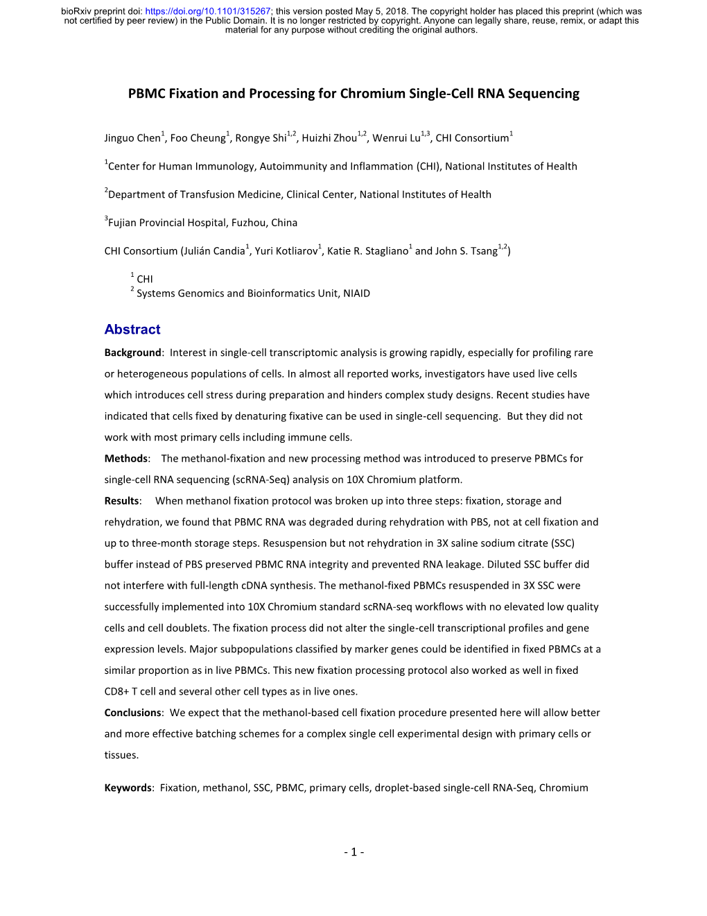 PBMC Fixation and Processing for Chromium Single-Cell RNA Sequencing