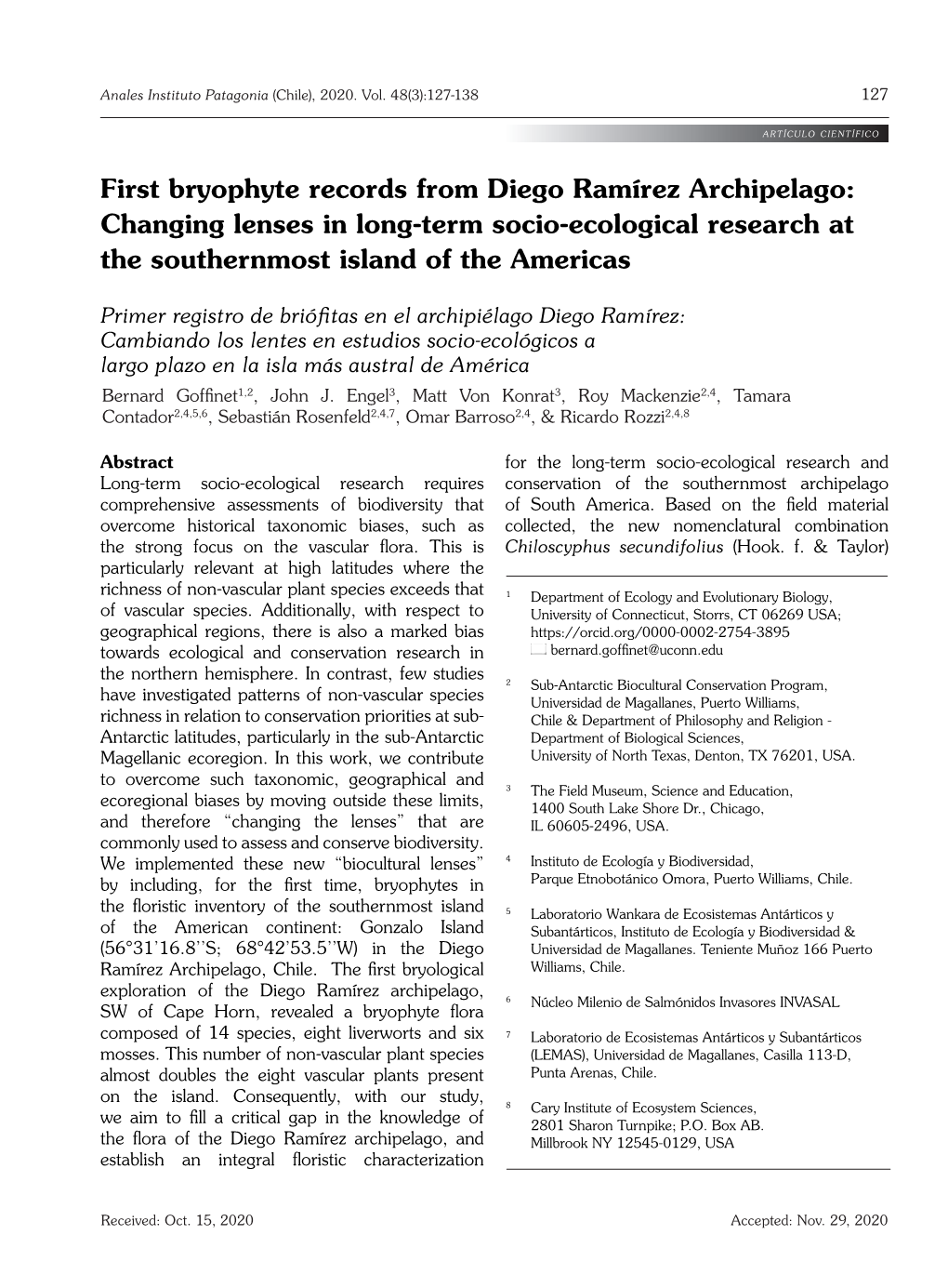 First Bryophyte Records from Diego Ramírez Archipelago: Changing Lenses in Long-Term Socio-Ecological Research at the Southernmost Island of the Americas