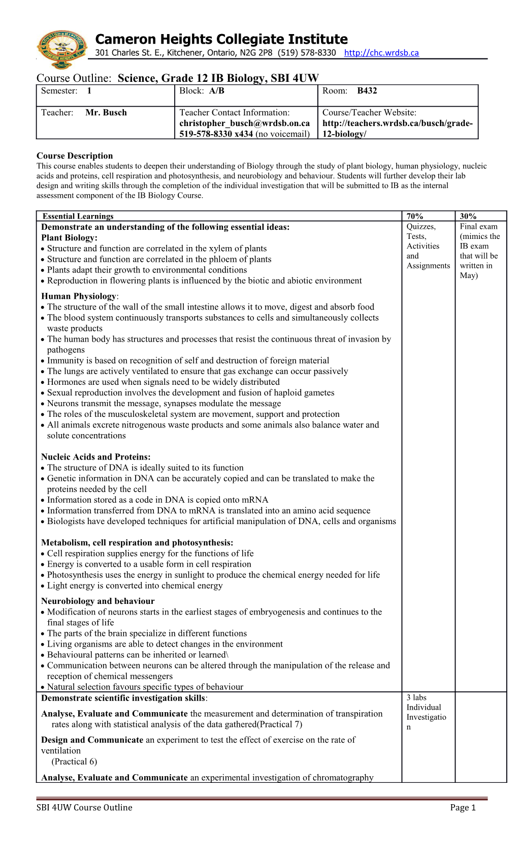 Course Outline: Science, Grade 11 IB Chemistry, SCH3UW