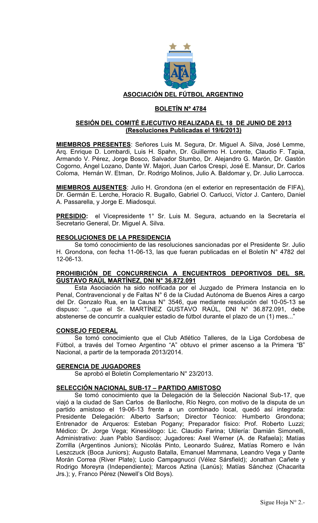 Sigue Hoja N° 2.- ASOCIACIÓN DEL FÚTBOL ARGENTINO BOLETÍN Nº