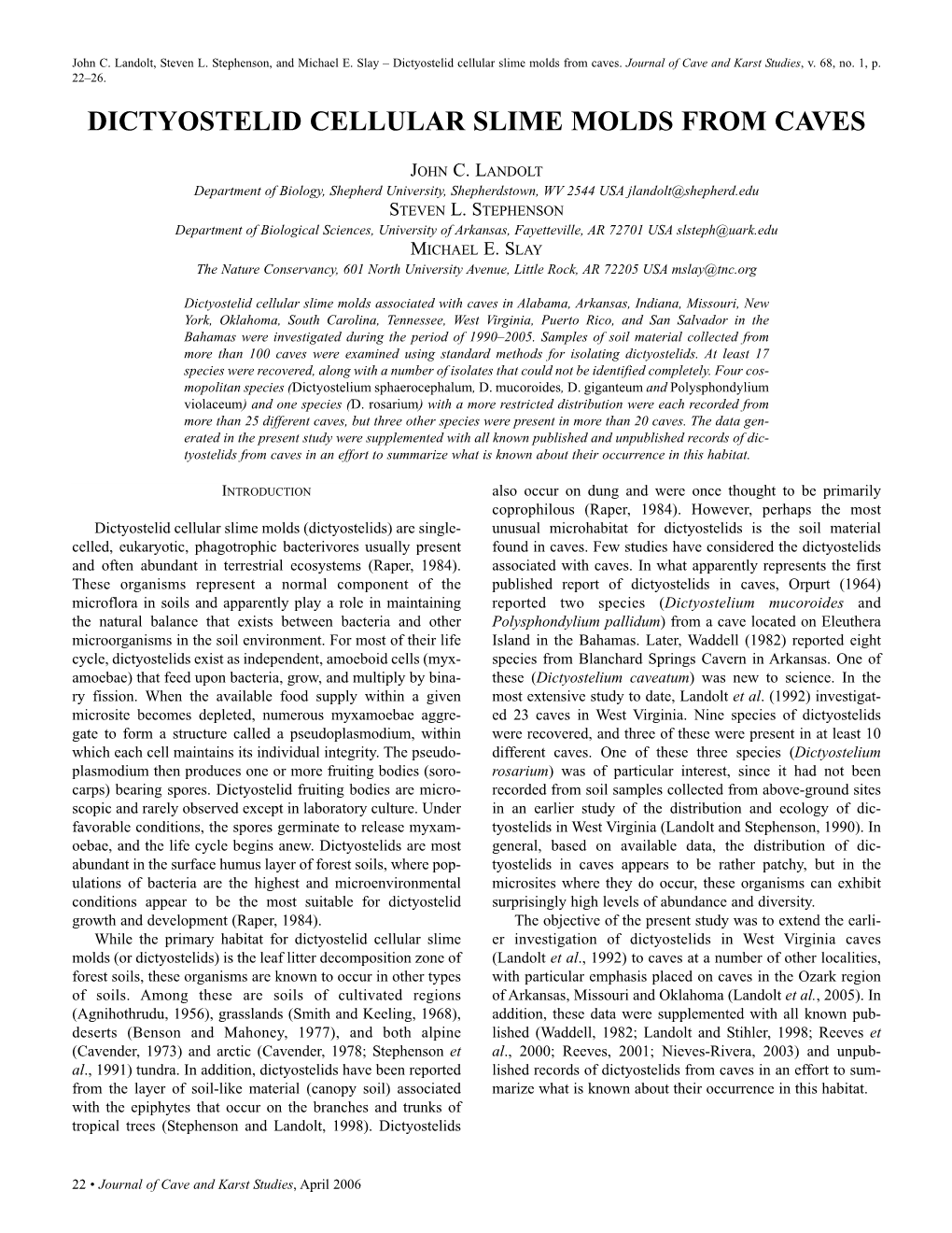 Dictyostelid Cellular Slime Molds from Caves