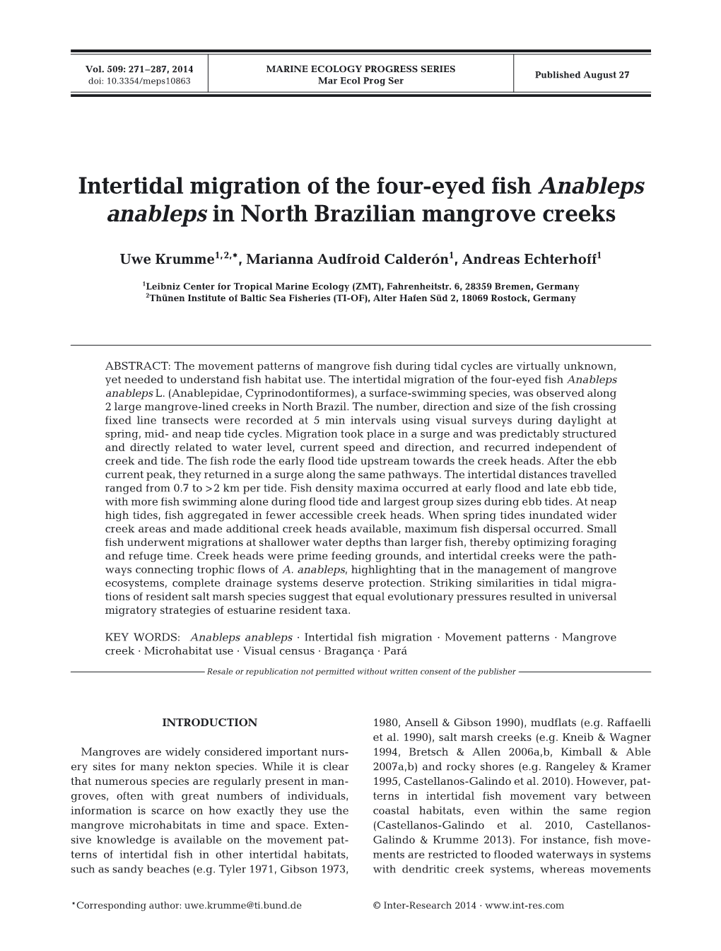Intertidal Migration of the Four-Eyed Fish Anableps Anableps in North Brazilian Mangrove Creeks