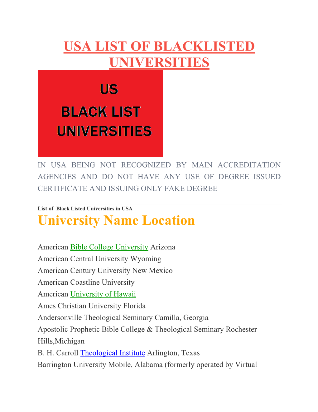 Usa List of Blacklisted Universities