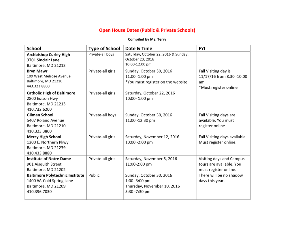 Open House Dates 2016-2017