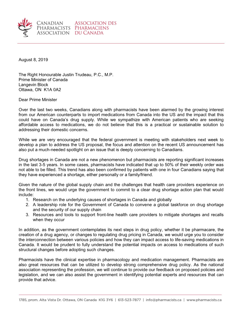 Cpha Letter to Prime Minister on Drug Shortage Concerns