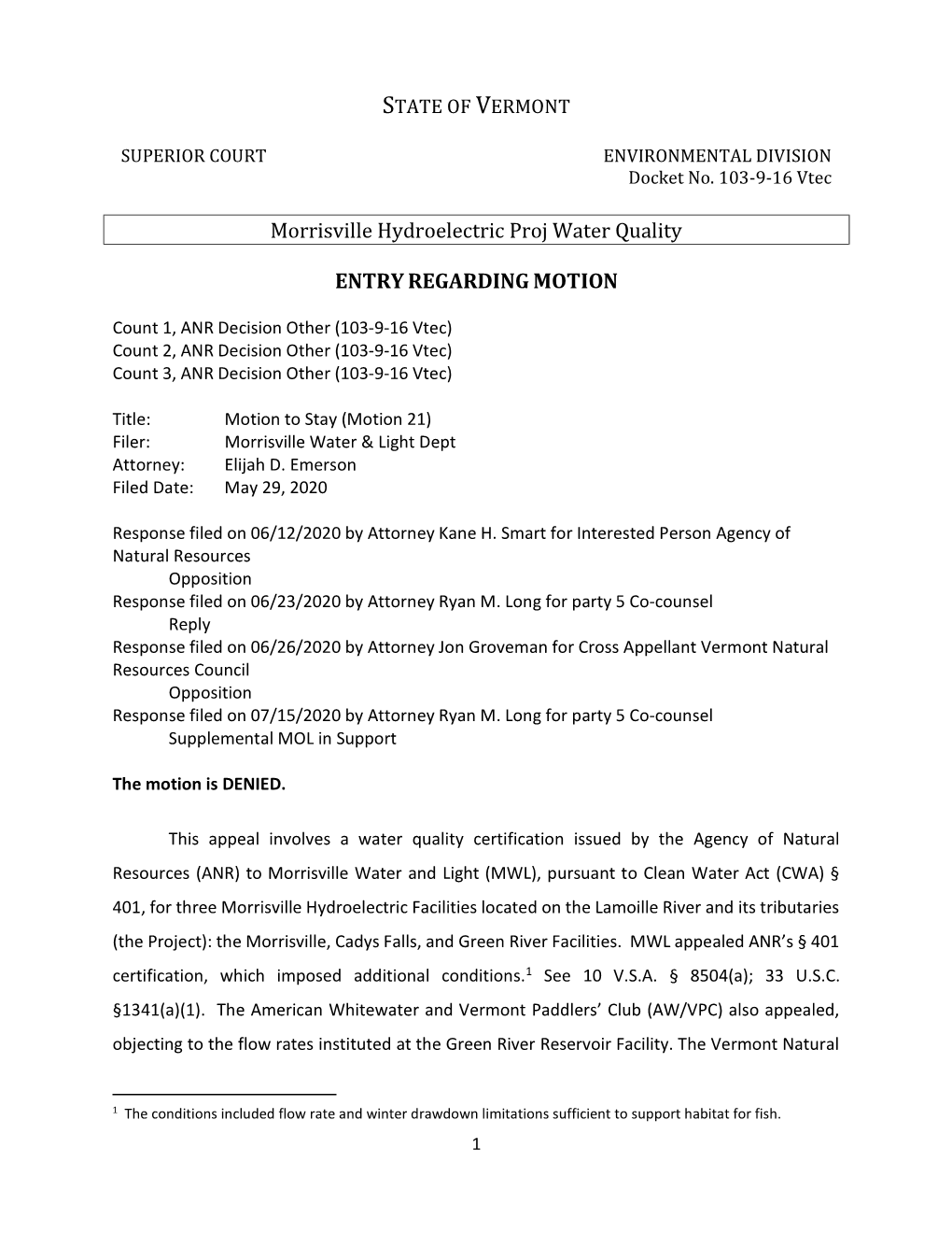 Morrisville Hydroelectric Proj Water Quality