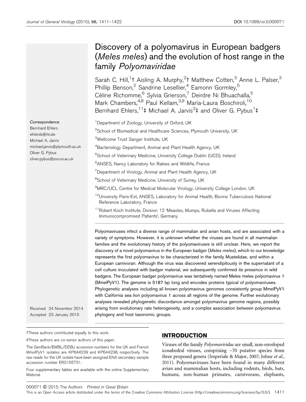 Discovery of a Polyomavirus in European Badgers (Meles Meles) and the Evolution of Host Range in the Family Polyomaviridae