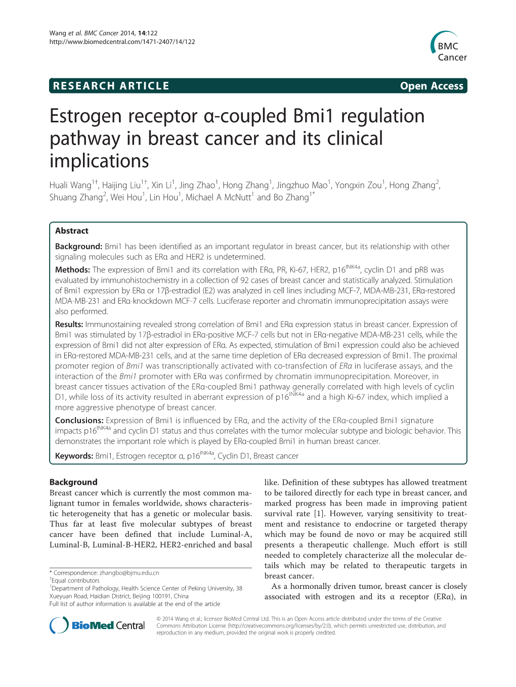 Estrogen Receptor Α-Coupled Bmi1 Regulation Pathway in Breast Cancer and Its Clinical Implications