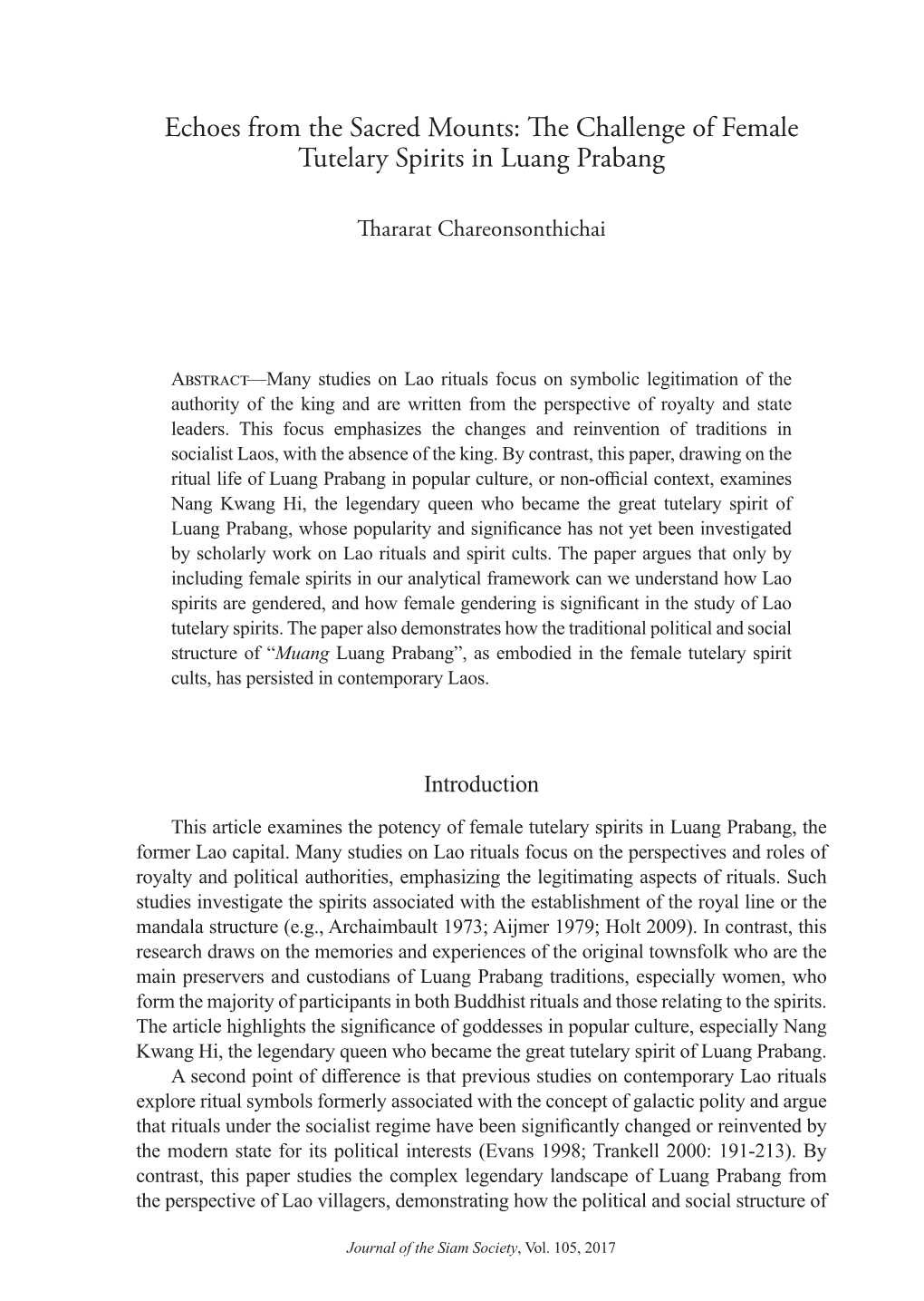 Echoes from the Sacred Mounts: the Challenge of Female Tutelary Spirits in Luang Prabang