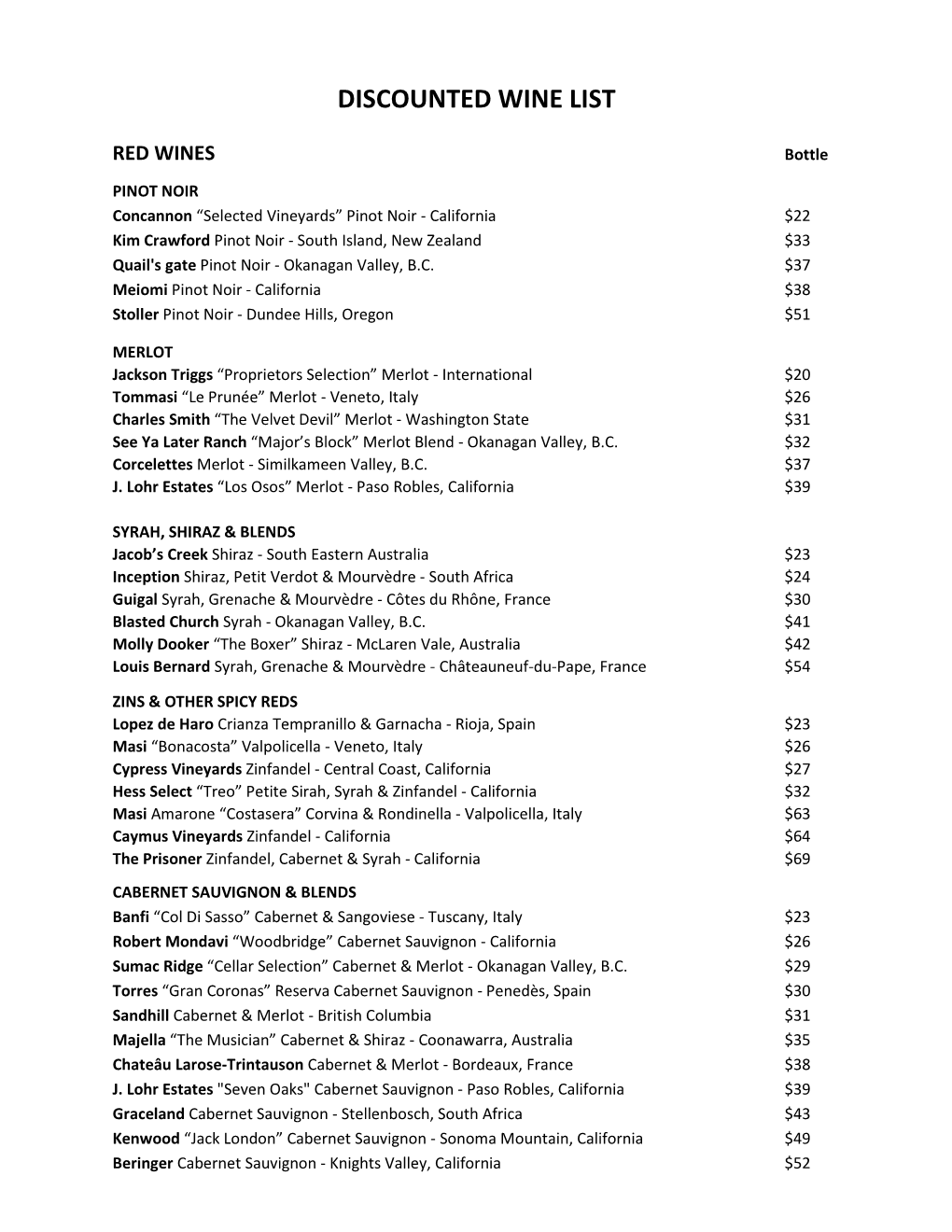 Discounted Wine List