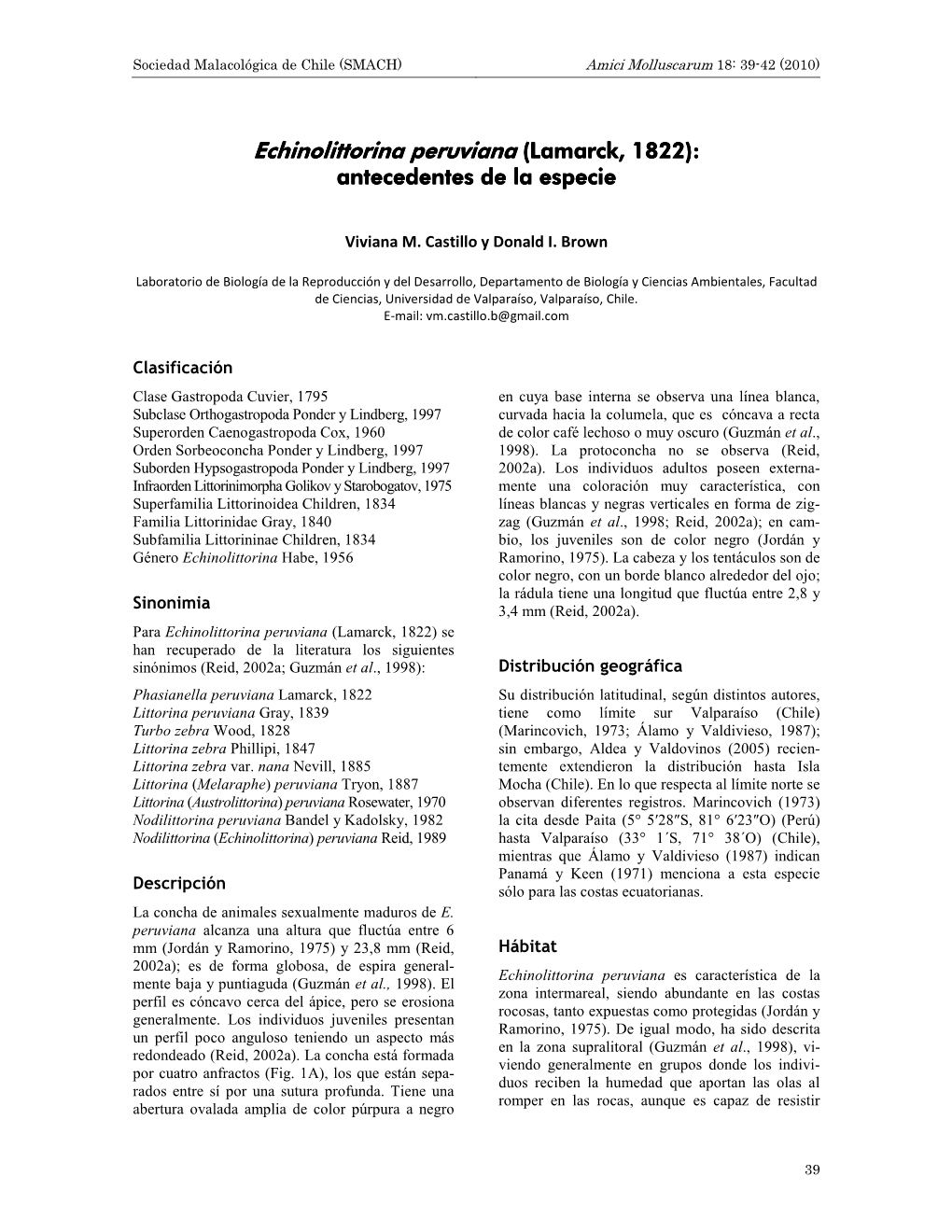 Echinolittorina Peruviana (Lamarck, 1822): Antecedentes De La Especie