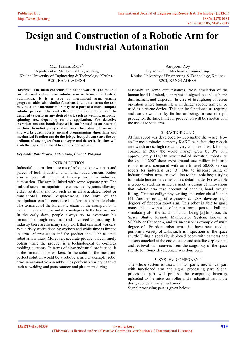 Design and Construction of a Robotic Arm for Industrial Automation