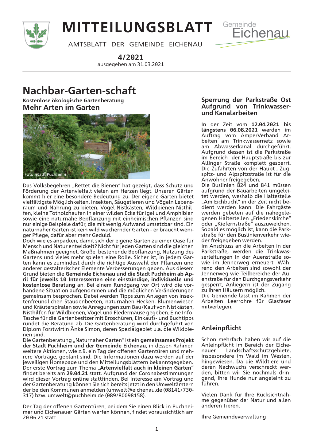 MITTEILUNGSBLATT AMTSBLATT DER GEMEINDE EICHENAU 4/2021 Ausgegeben Am 31.03.2021