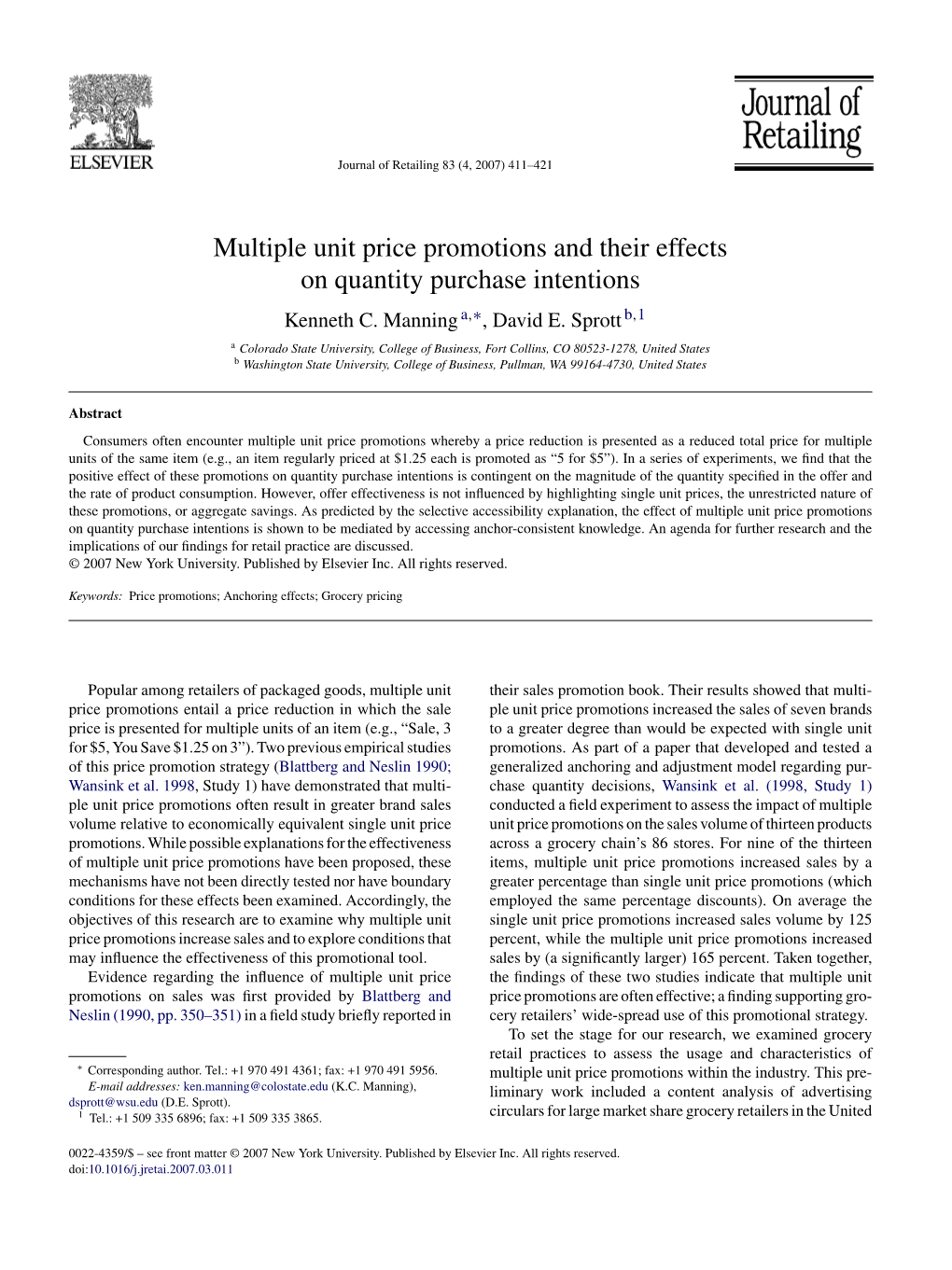 Multiple Unit Price Promotions and Their Effects on Quantity Purchase Intentions Kenneth C