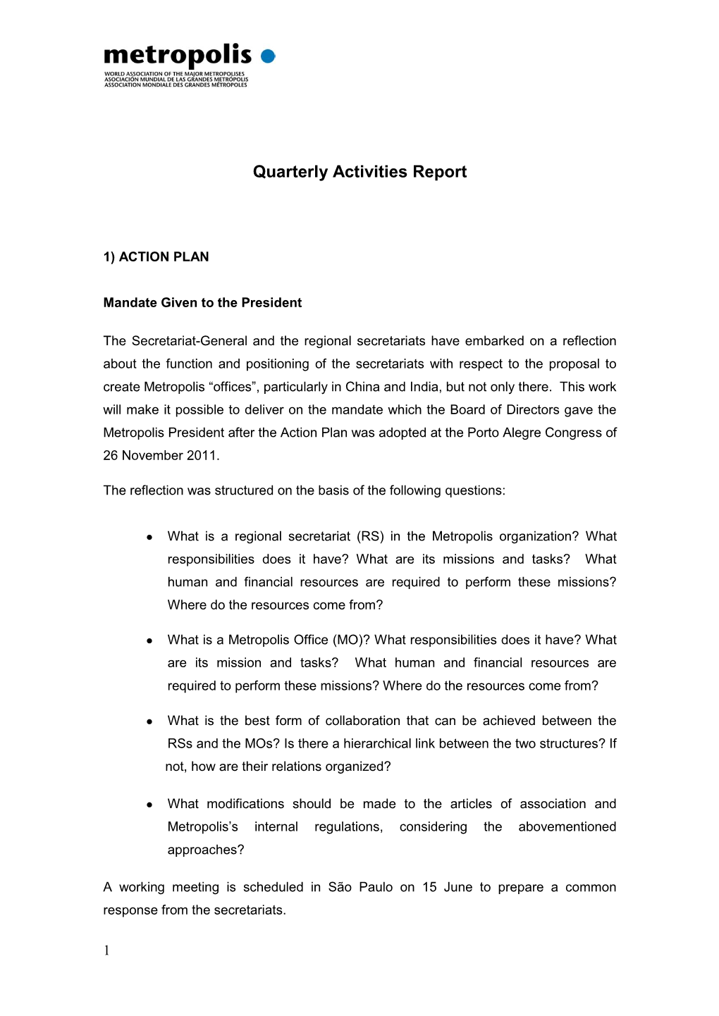 Quarterly Activities Report