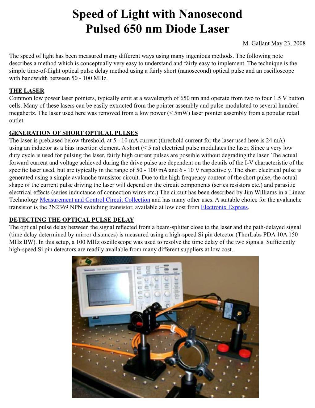 Speed of Light with Nanosecond Pulsed 650 Nm Diode Laser M