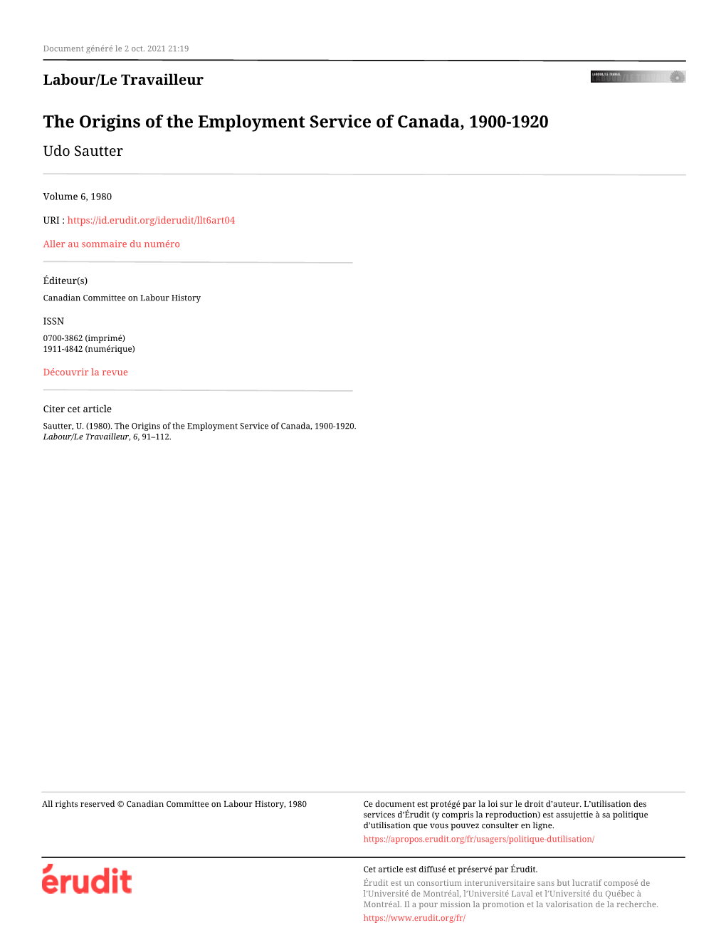 The Origins of the Employment Service of Canada, 1900-1920 Udo Sautter