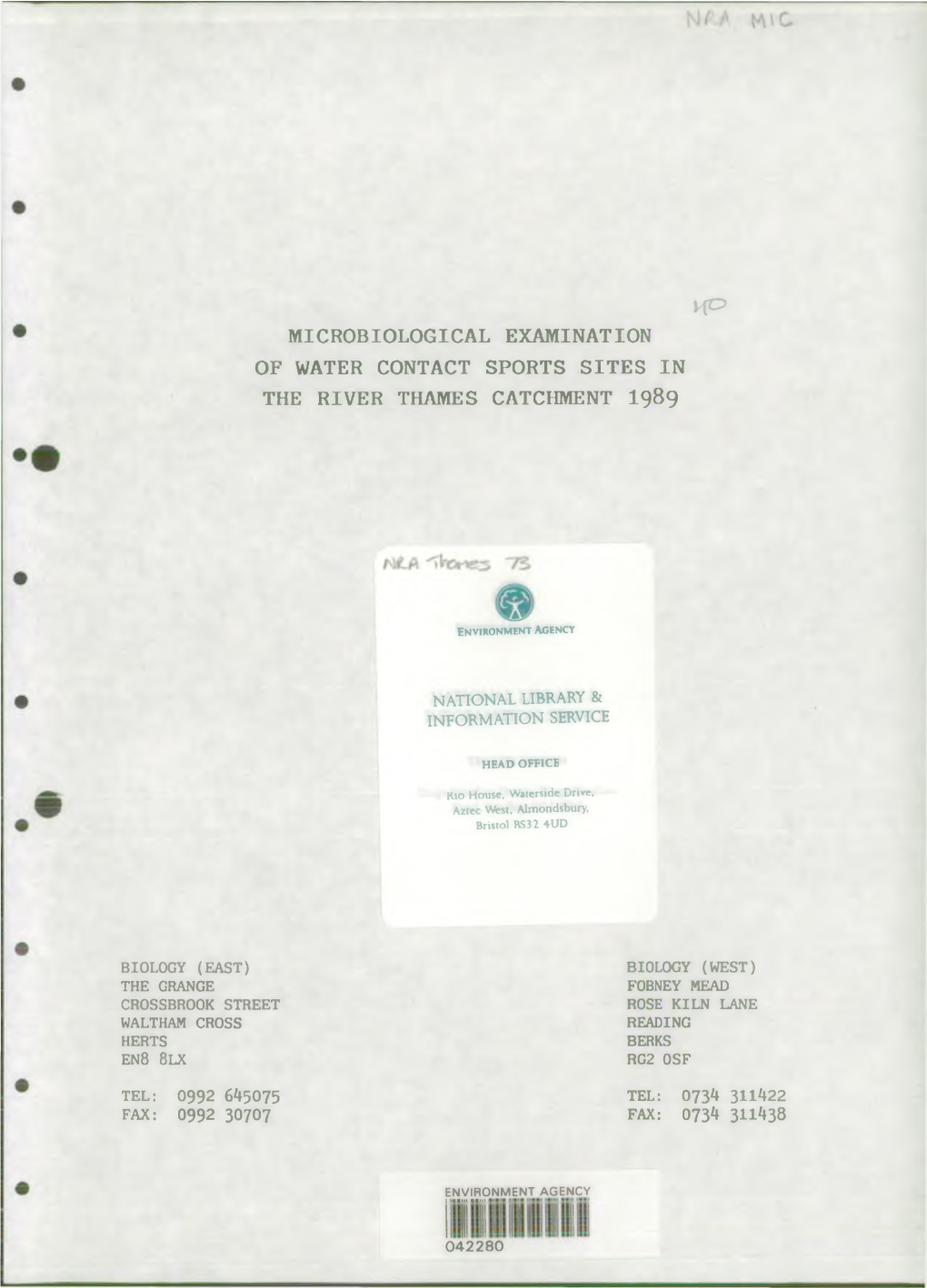 Microbiological Examination of Water Contact Sports Sites in the River Thames Catchment I989