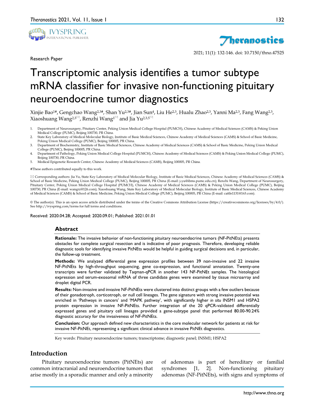 Theranostics Transcriptomic Analysis Identifies a Tumor Subtype Mrna