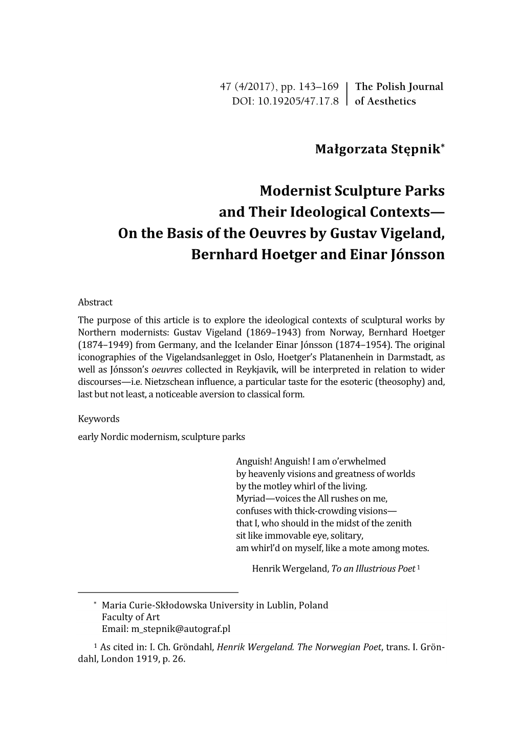 Modernist Sculpture Parks and Their Ideological Contexts— on the Basis of the Oeuvres by Gustav Vigeland, Bernhard Hoetger and Einar Jónsson