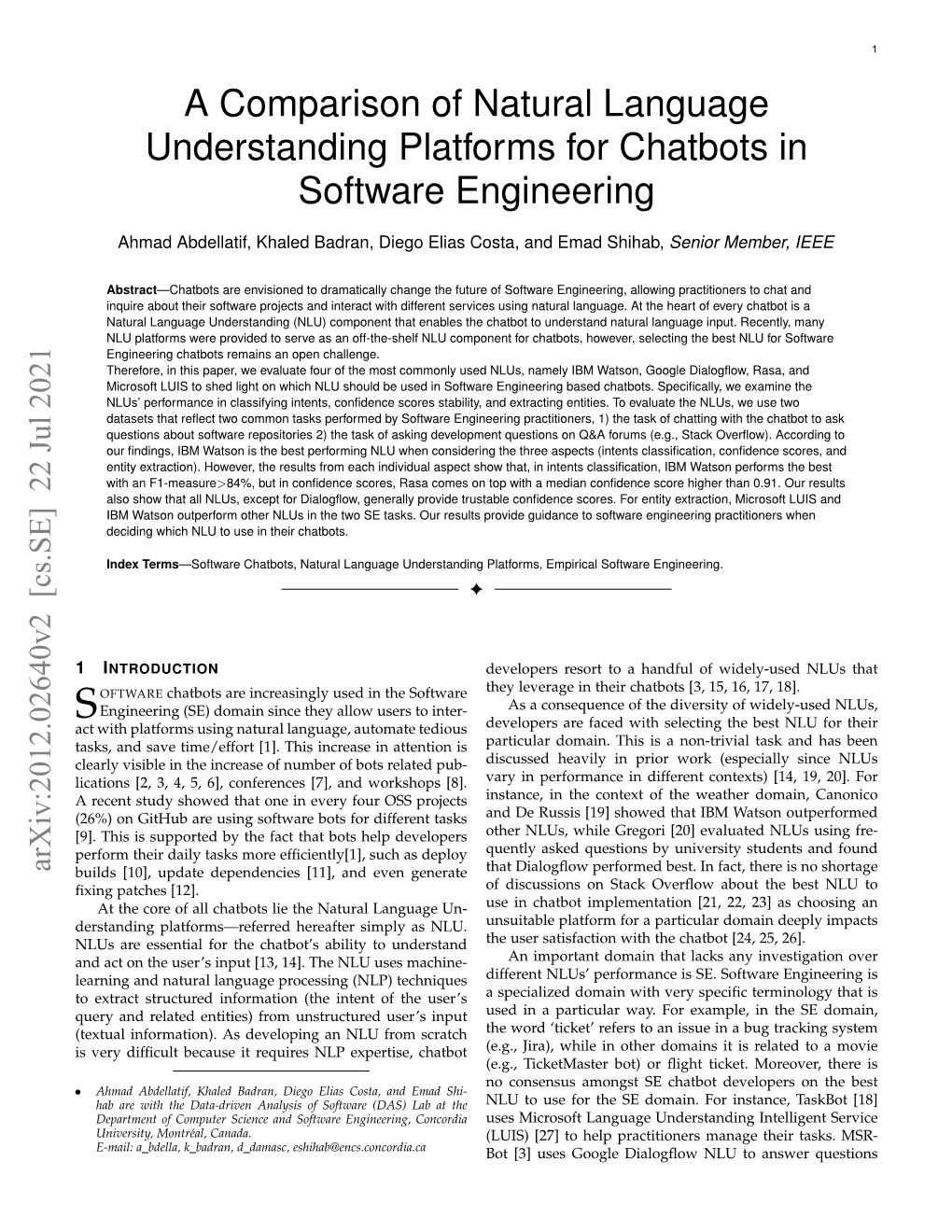 A Comparison of Natural Language Understanding Platforms for Chatbots in Software Engineering