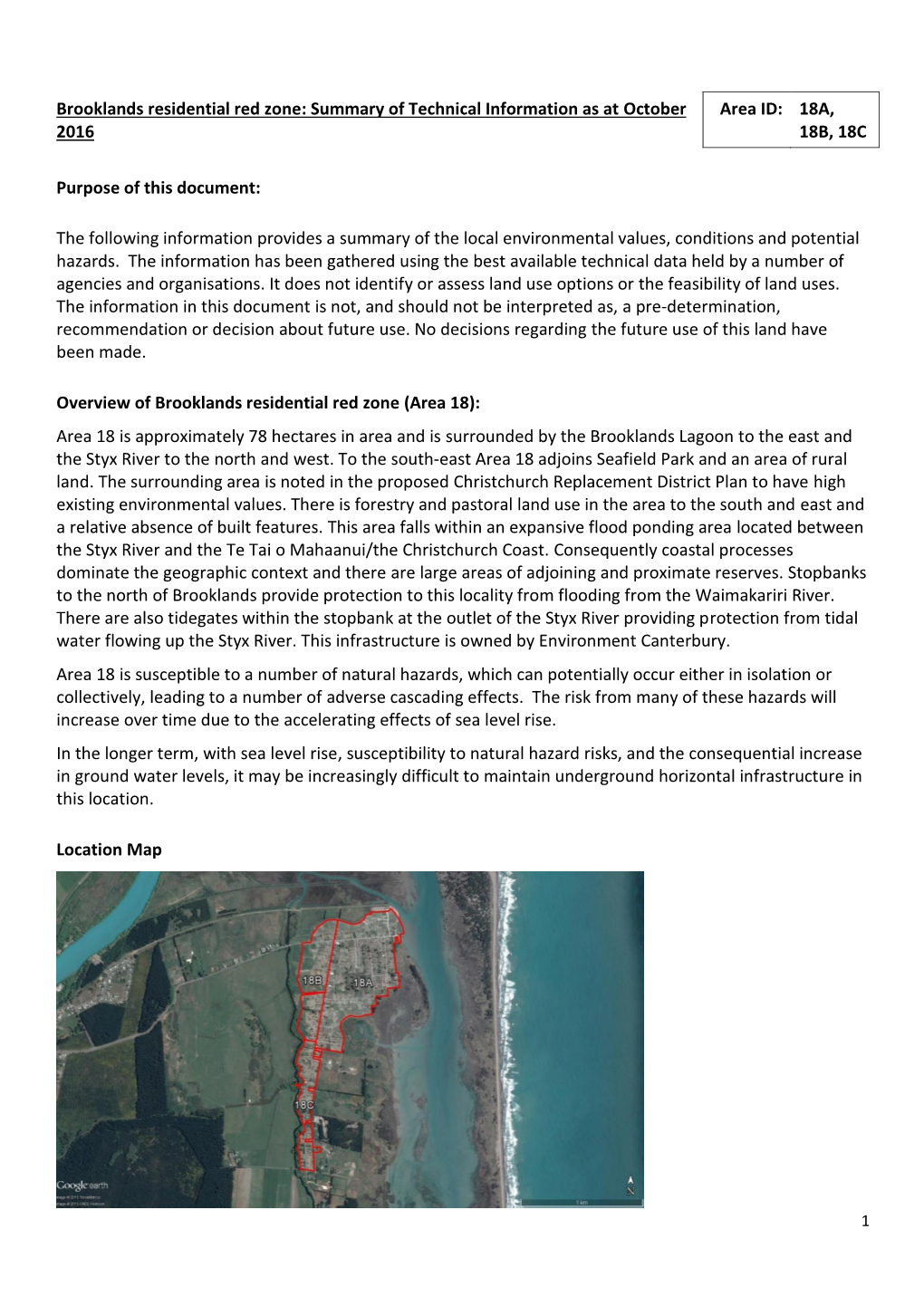 Brooklands Residential Red Zone: Summary of Technical Information As at October Area ID: 18A, 2016 18B, 18C