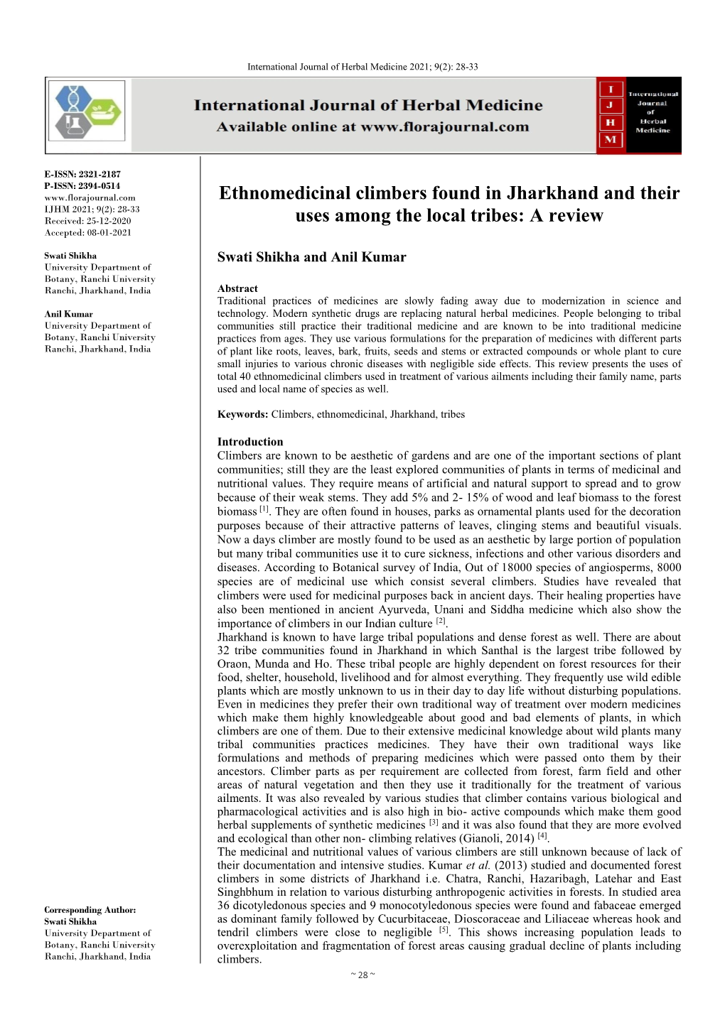 Ethnomedicinal Climbers Found in Jharkhand and Their Uses Among the Local Tribes