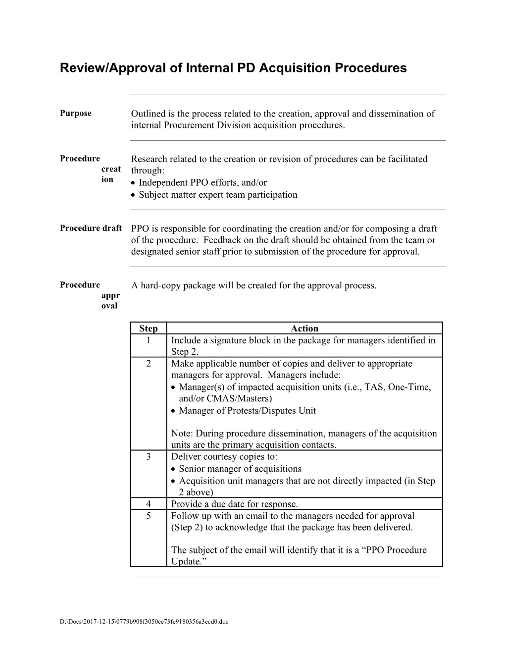 Review/Approval of Internal PD Acquisition Procedures