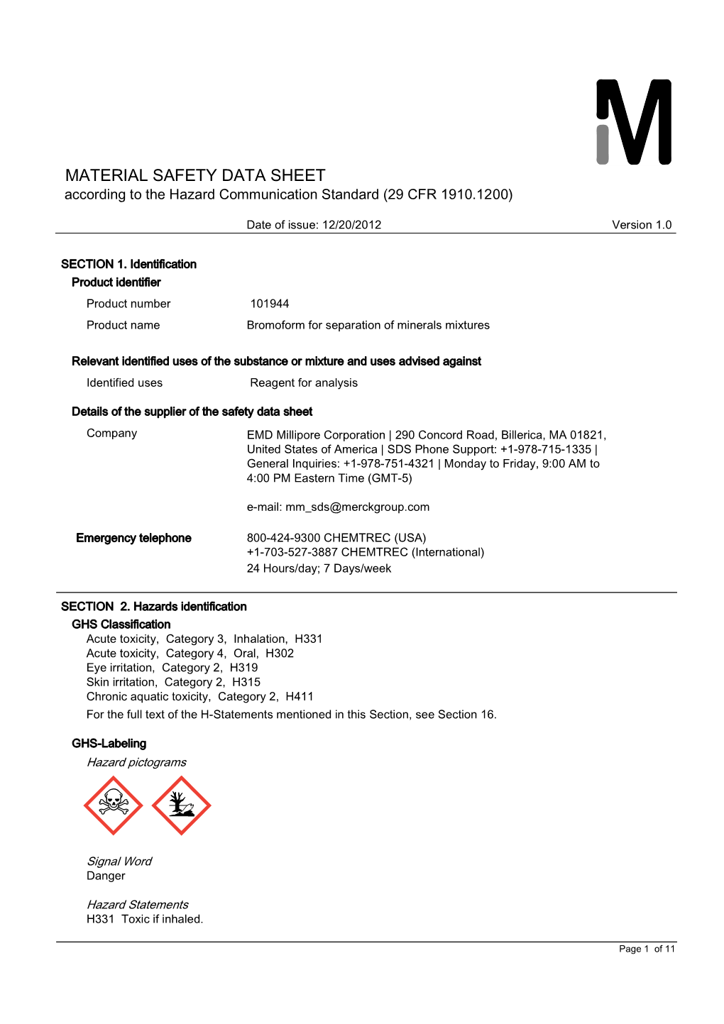 MATERIAL SAFETY DATA SHEET According to the Hazard Communication Standard (29 CFR 1910.1200)