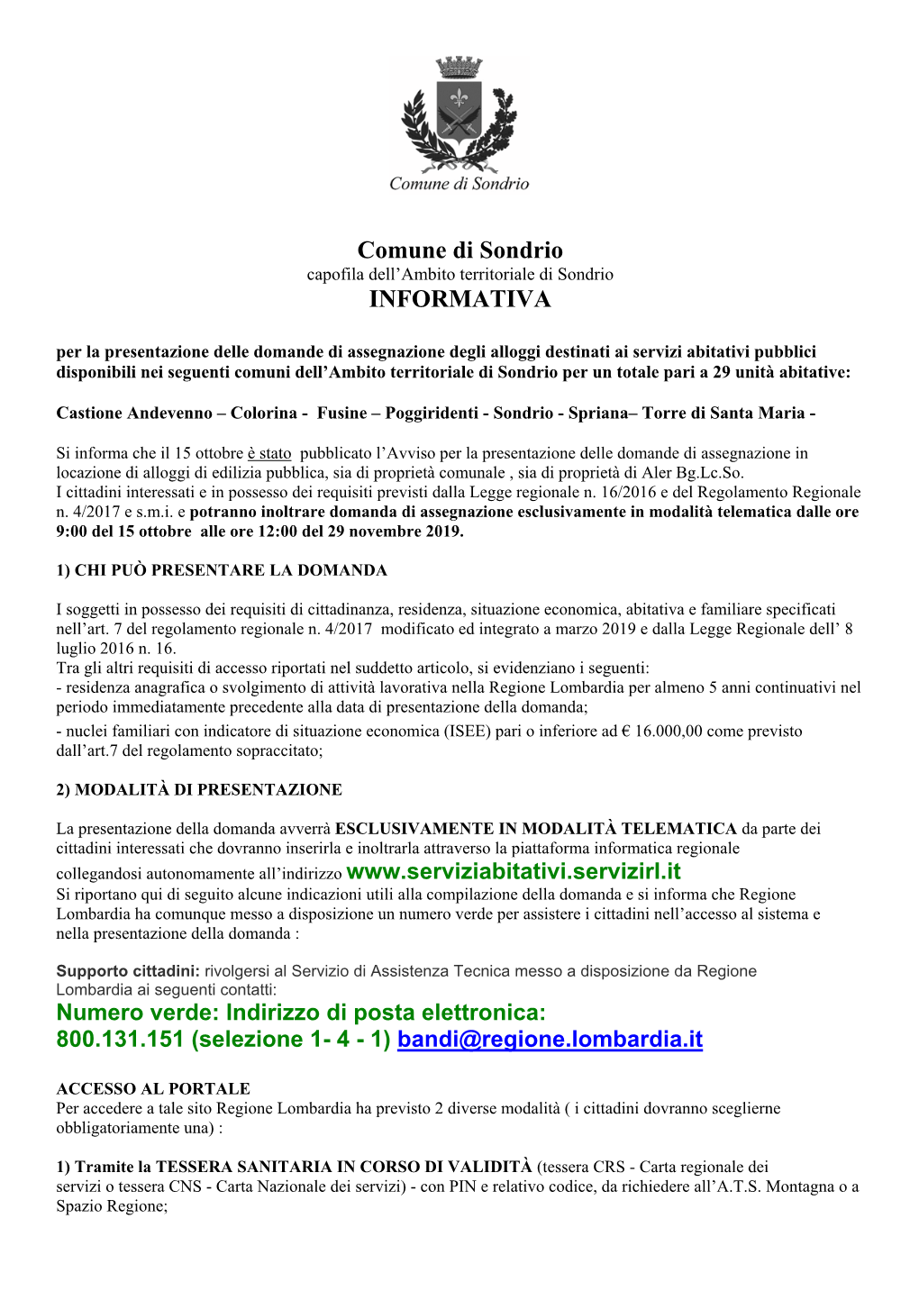 Comune Di Sondrio INFORMATIVA