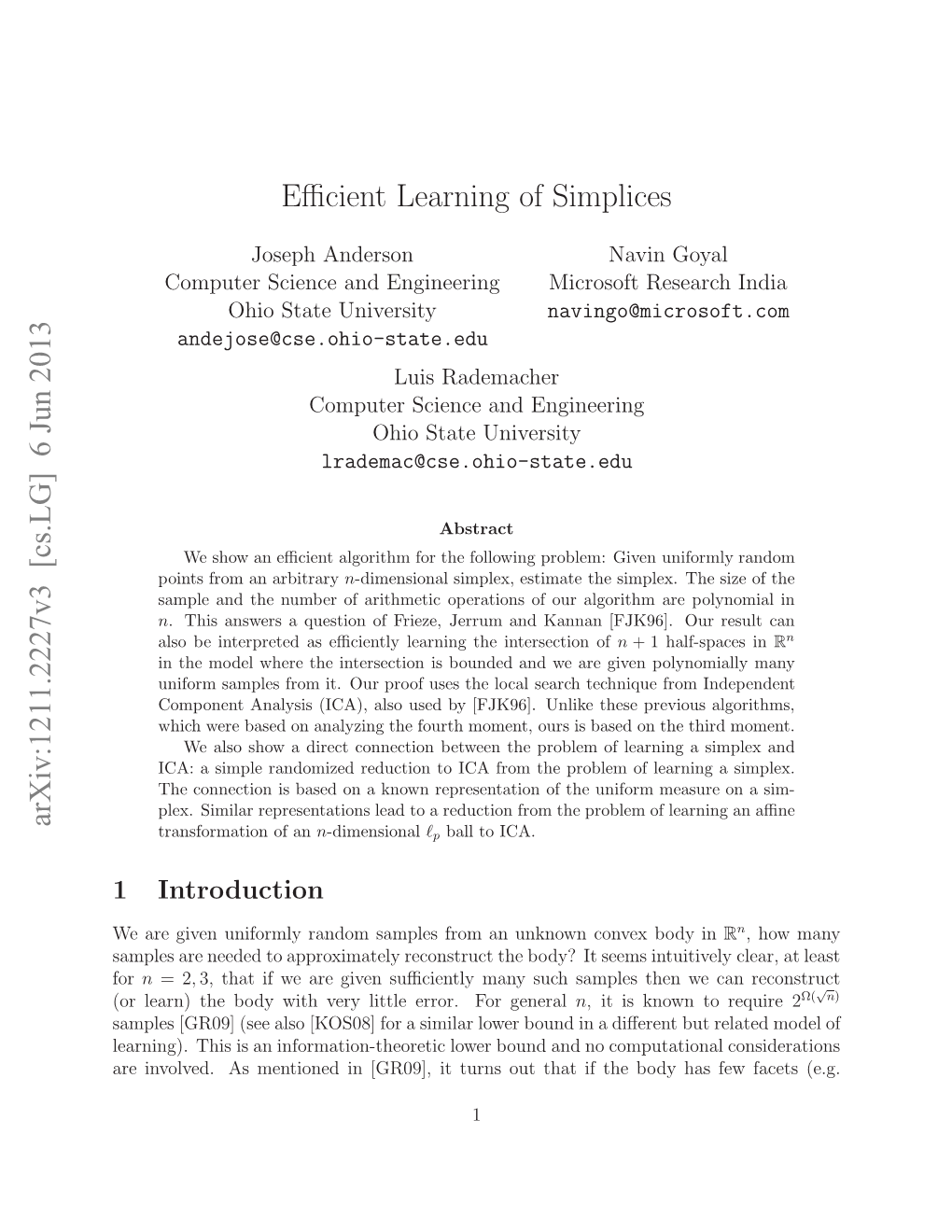 Efficient Learning of Simplices