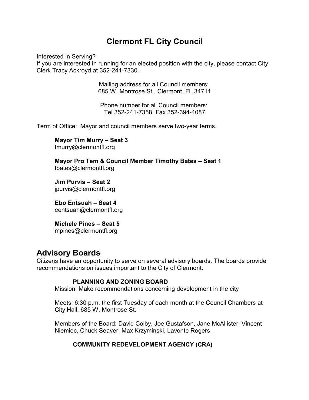 Clermont FL City Council Advisory Boards