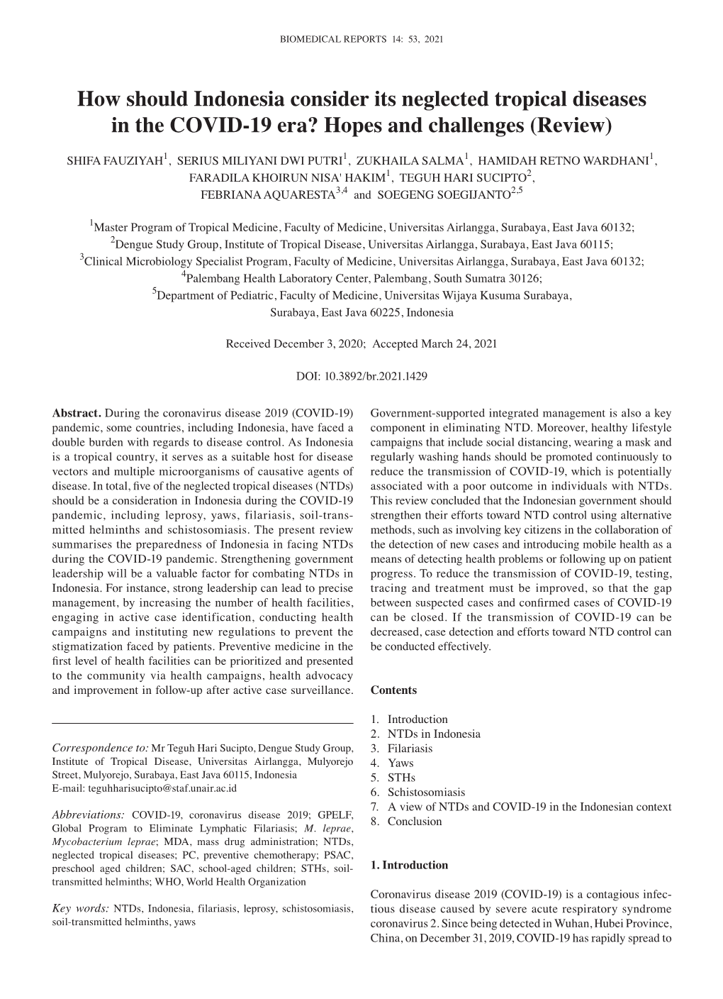 How Should Indonesia Consider Its Neglected Tropical Diseases in the COVID-19 Era? Hopes and Challenges (Review)