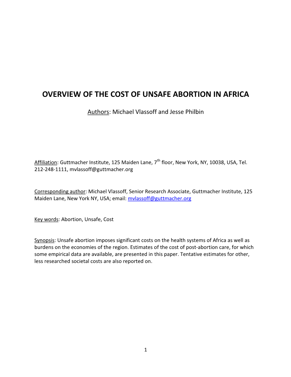 Overview of the Cost of Unsafe Abortion in Africa