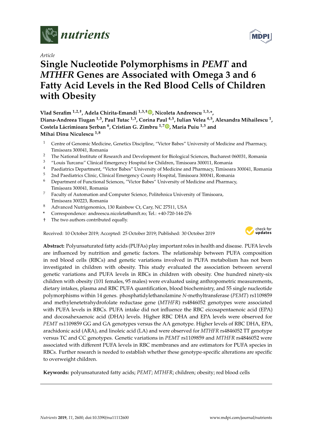 Single Nucleotide Polymorphisms in PEMT and MTHFR Genes Are Associated with Omega 3 and 6 Fatty Acid Levels in the Red Blood Cells of Children with Obesity