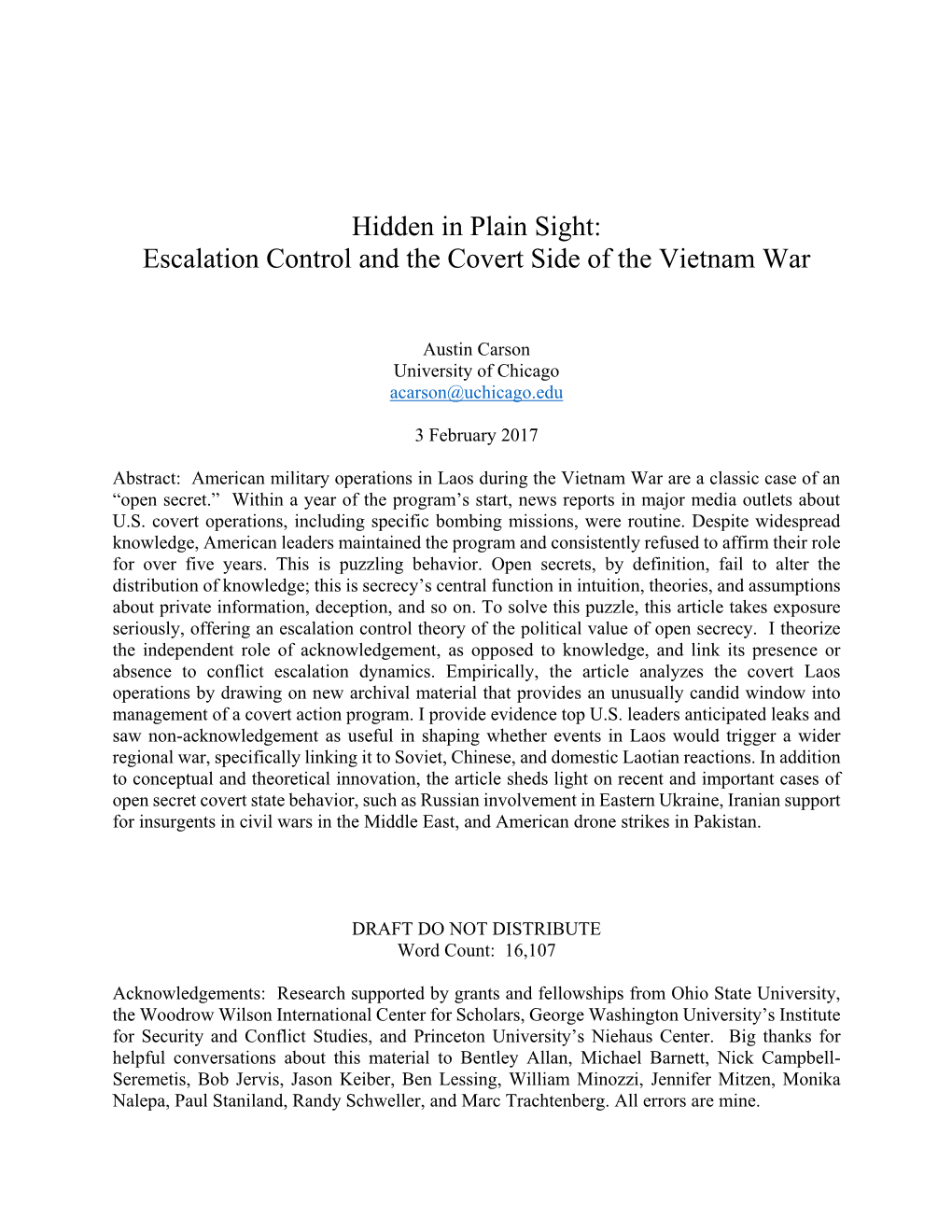 Hidden in Plain Sight: Escalation Control and the Covert Side of the Vietnam War