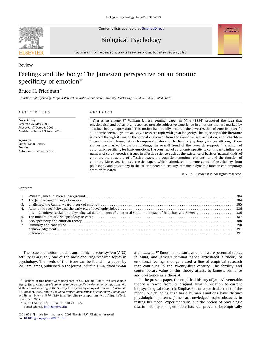 Feelings and the Body: the Jamesian Perspective on Autonomic Speciﬁcity of Emotion§ Bruce H