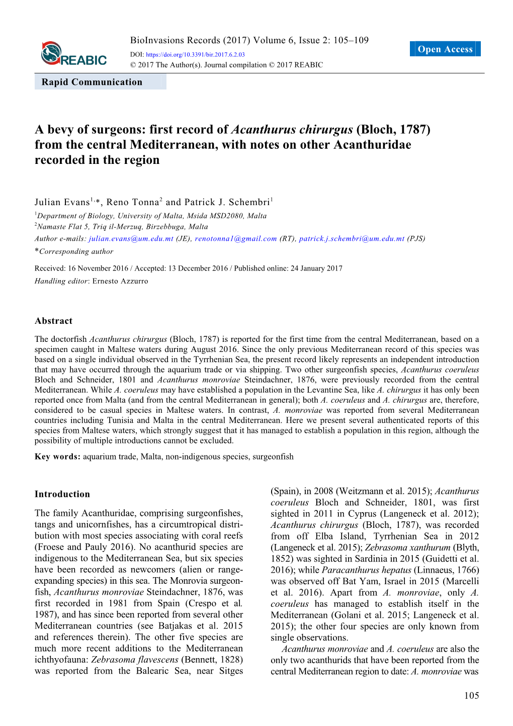 First Record of Acanthurus Chirurgus (Bloch, 1787) from the Central Mediterranean, with Notes on Other Acanthuridae Recorded in the Region