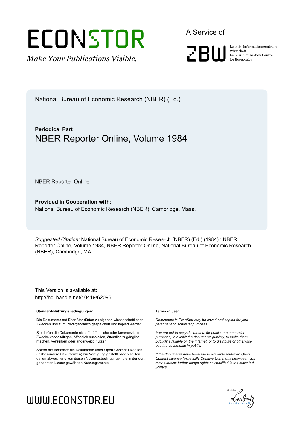 NBER Reporter Online, Volume 1984