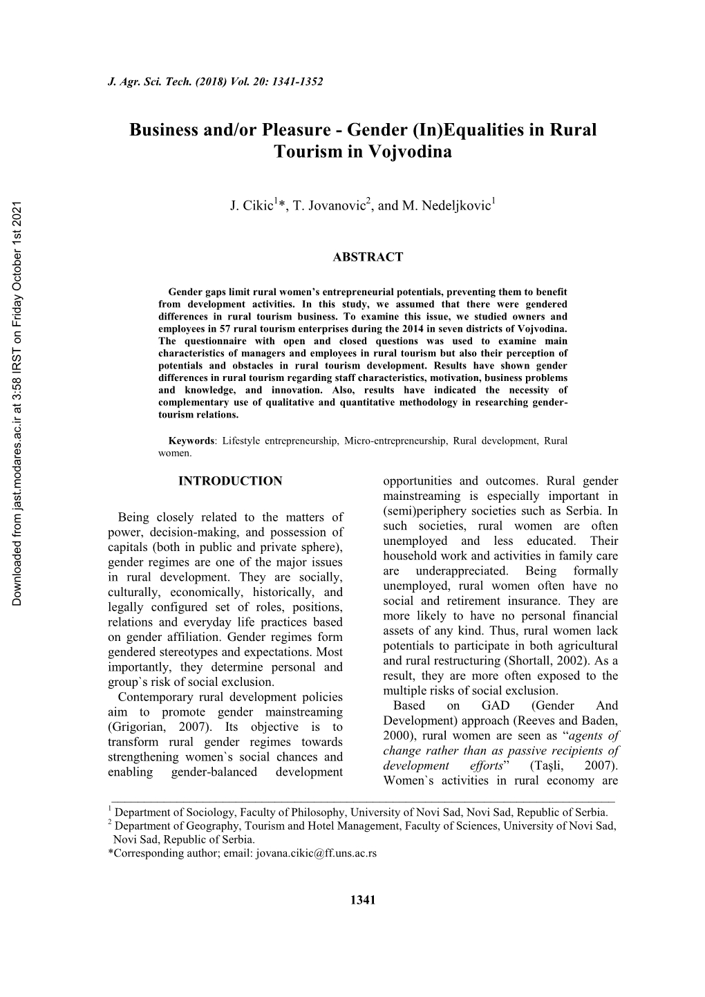 Gender (In)Equalities in Rural Tourism in Vojvodina