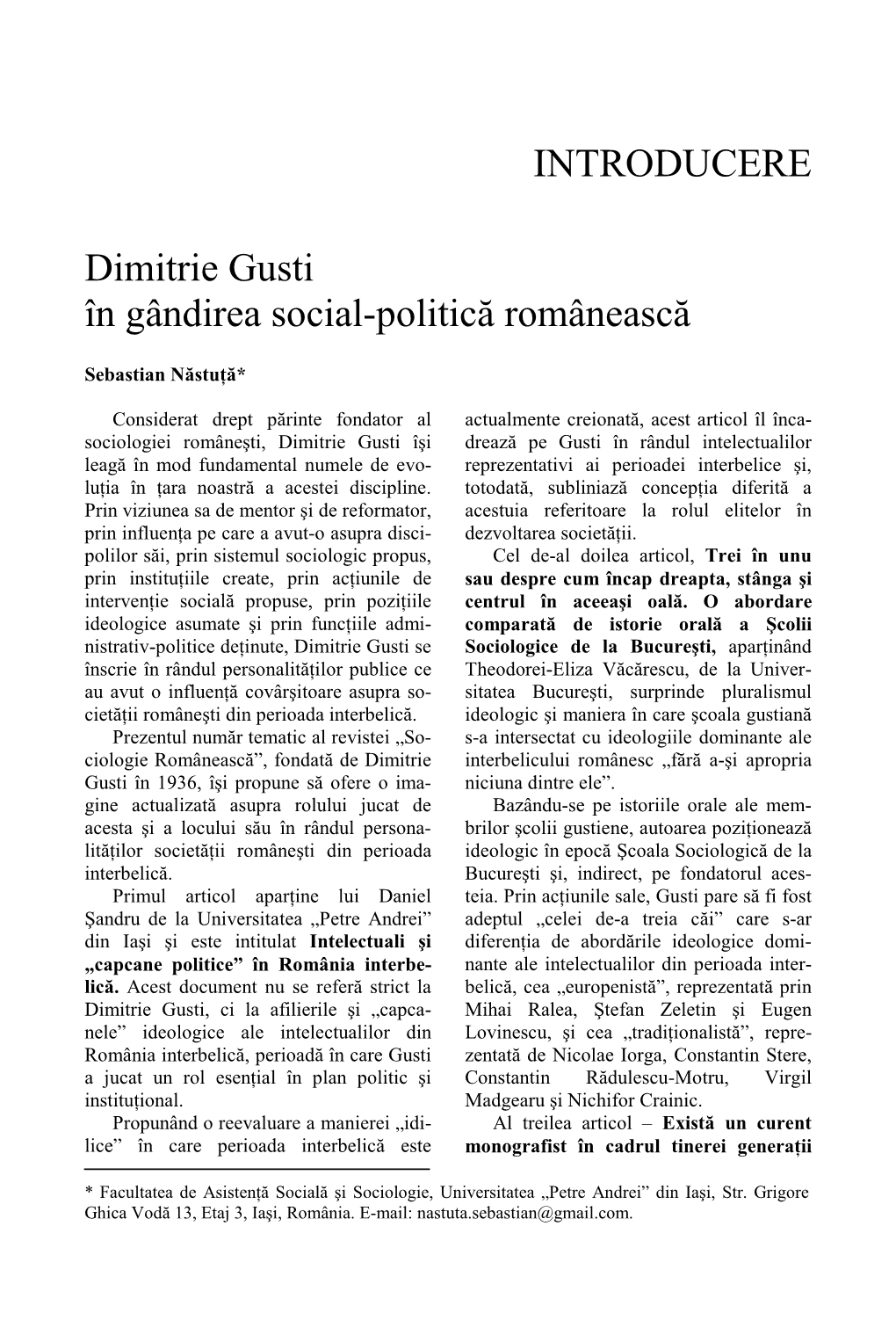 INTRODUCERE Dimitrie Gusti În Gândirea Social-Politică Românească