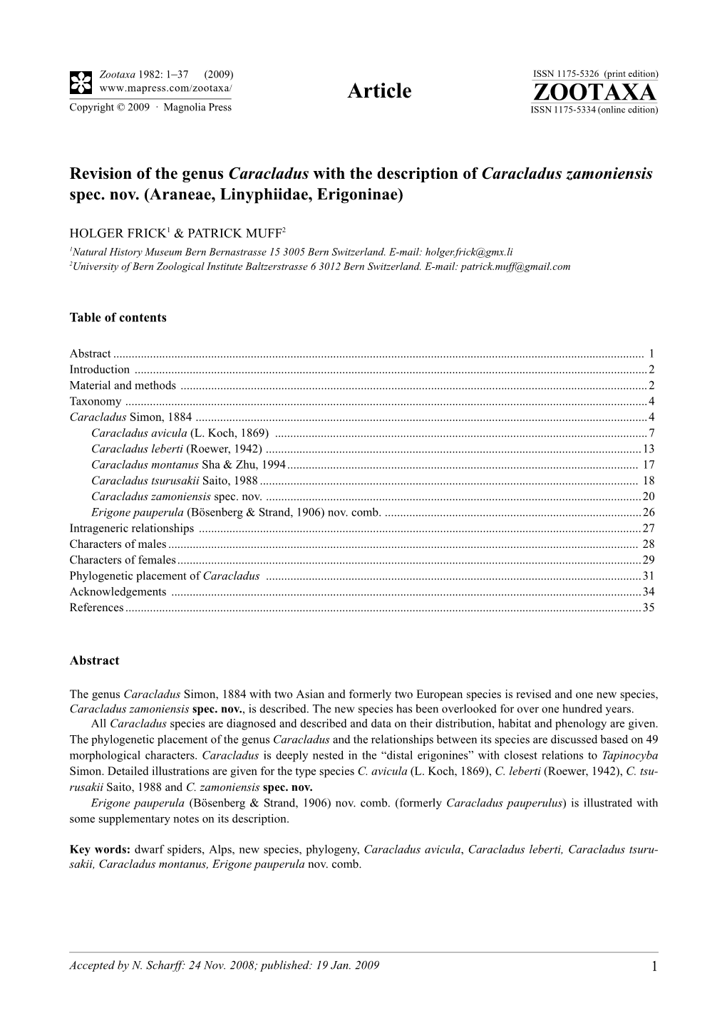 Zootaxa 1982: 1–37 (2009) ISSN 1175-5326 (Print Edition) Article ZOOTAXA Copyright © 2009 · Magnolia Press ISSN 1175-5334 (Online Edition)