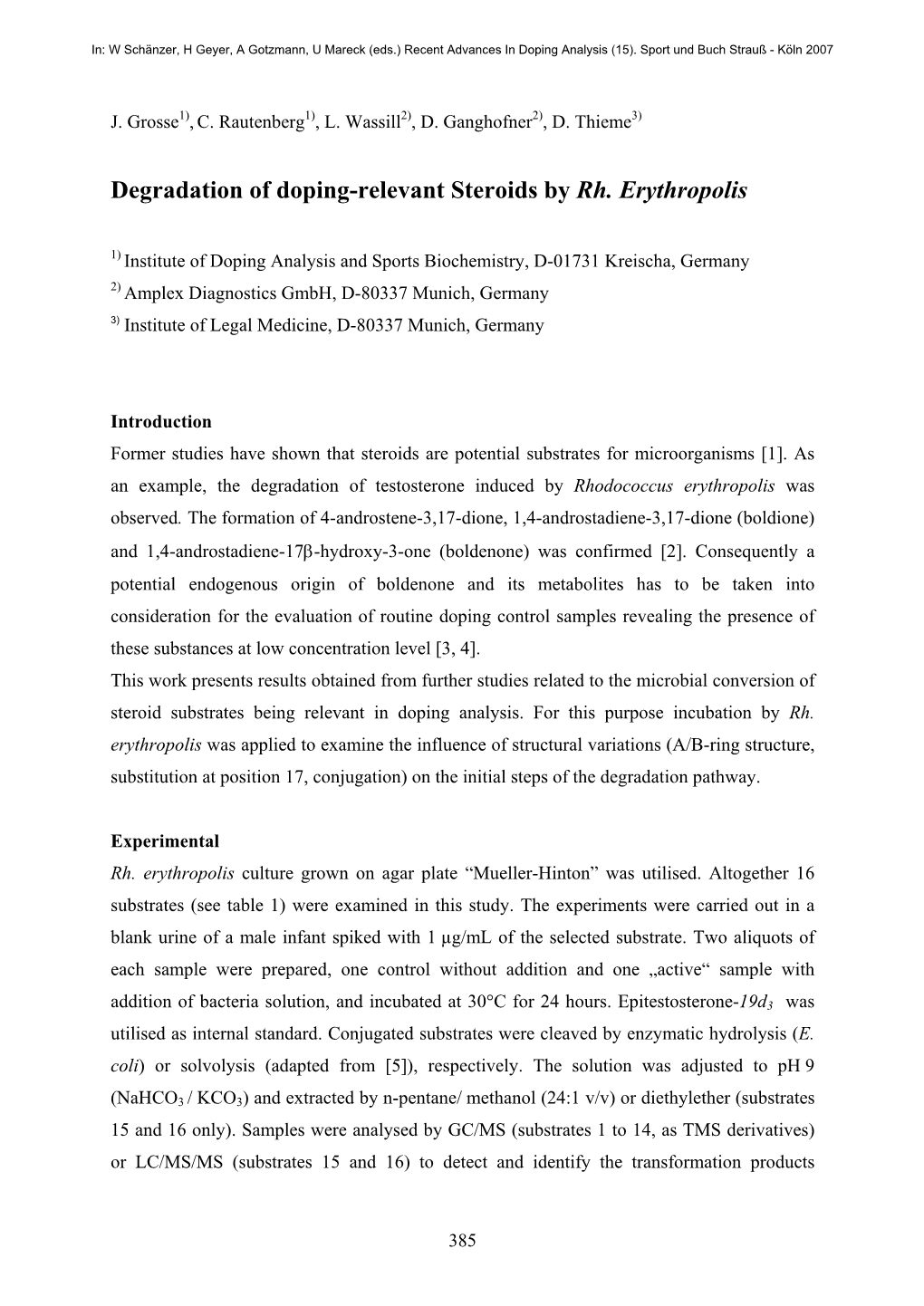 Degradation of Doping-Relevant Steroids by Rh. Erythropolis