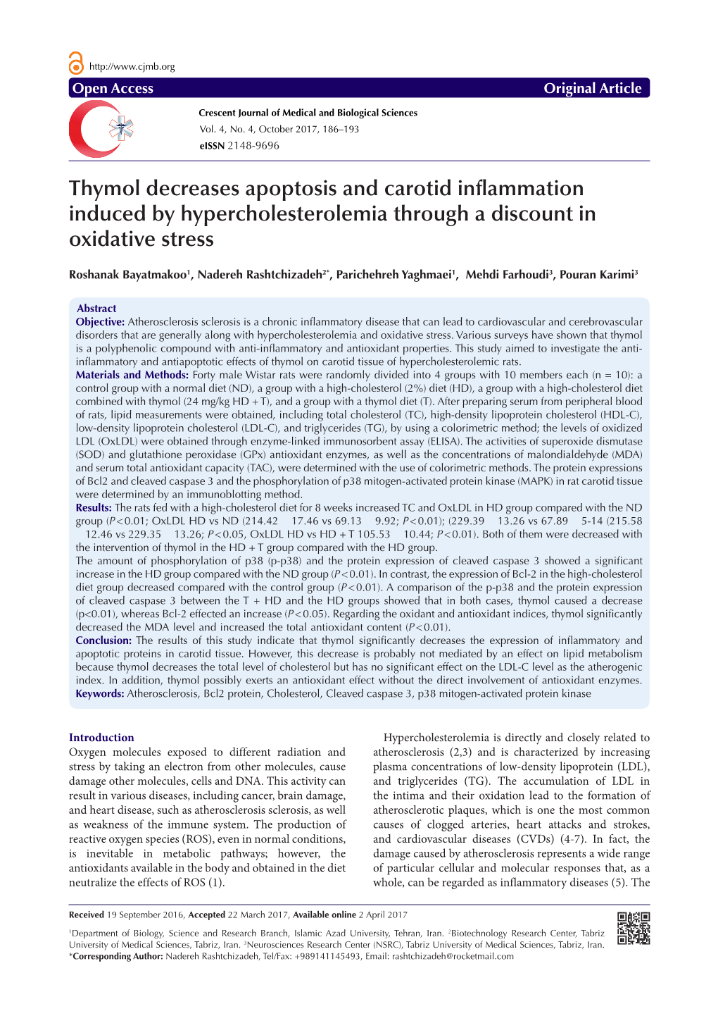 Thymol Decreases Apoptosis and Carotid Inflammation Induced by Hypercholesterolemia Through a Discount in Oxidative Stress