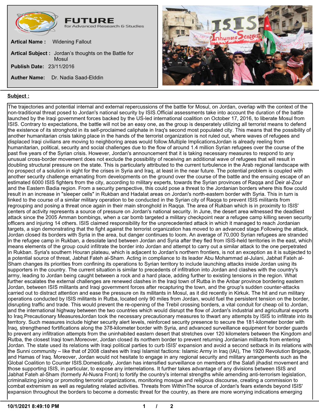 Widening Fallout Artical Name : Jordan's Thoughts on the Battle for Mosul Artical Subject : 23/11/2016 Publish Date: Dr. Nadia