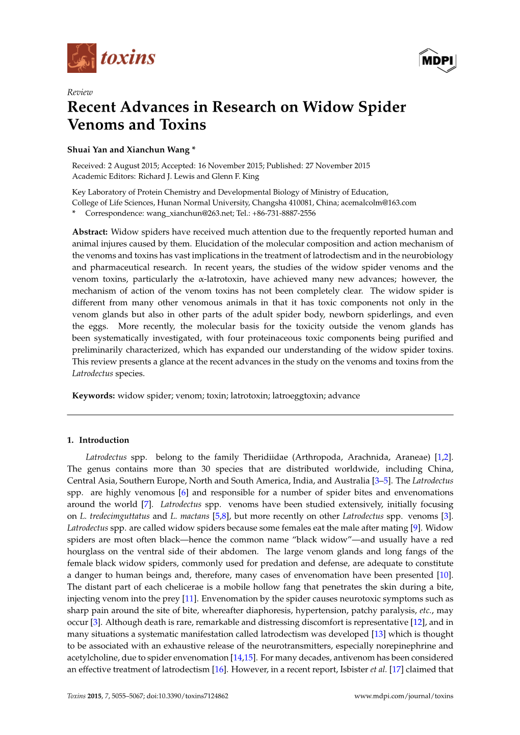 Recent Advances in Research on Widow Spider Venoms and Toxins