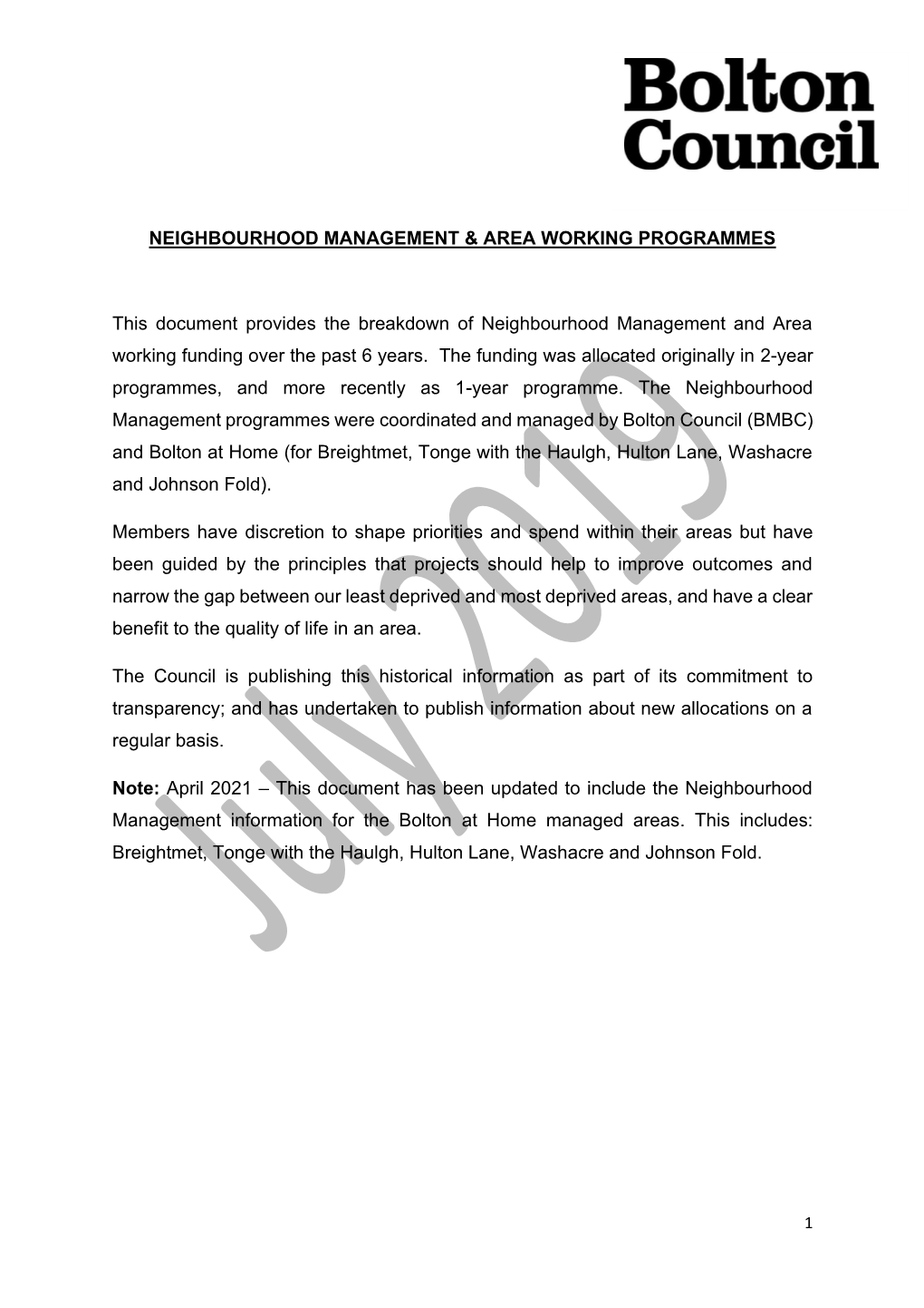 Neighbourhood Management & Area Working Programme