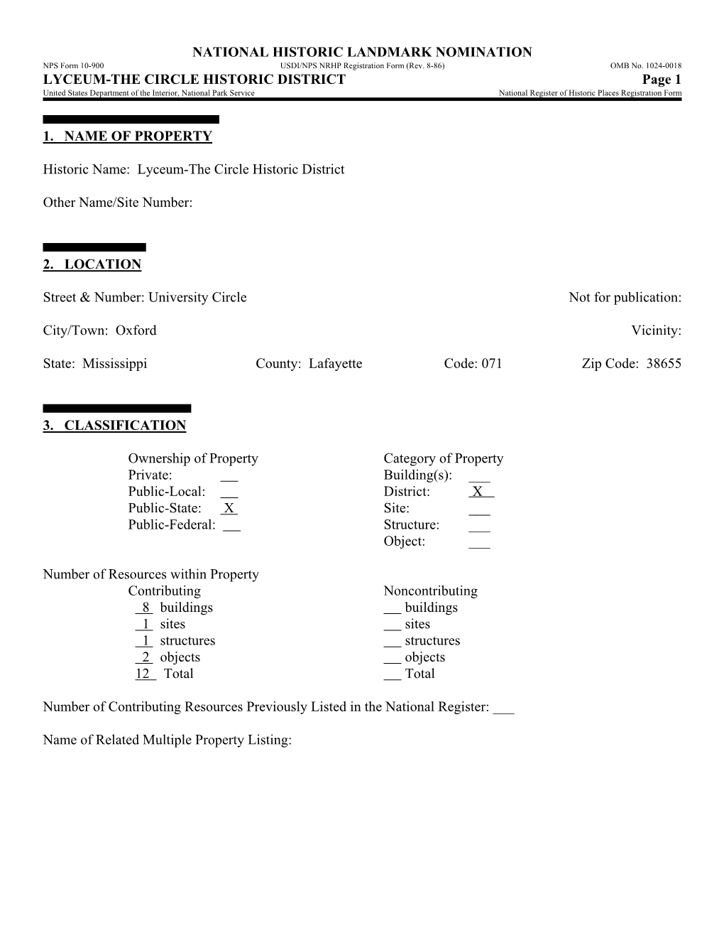 LYCEUM-THE CIRCLE HISTORIC DISTRICT Page 1 United States Department of the Interior, National Park Service National Register of Historic Places Registration Form