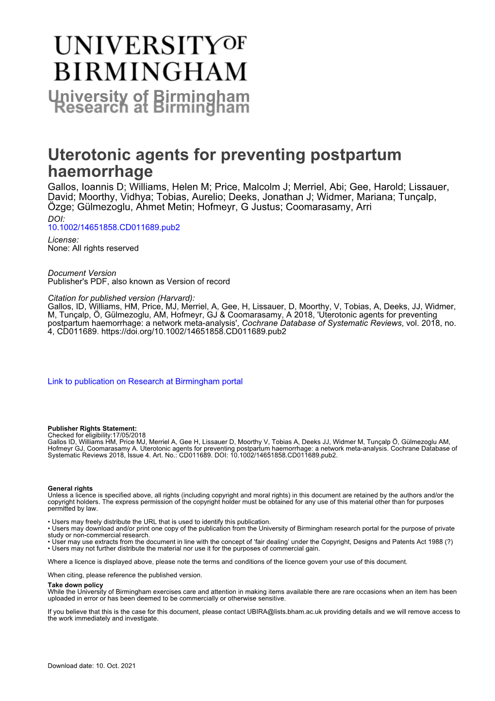 University of Birmingham Uterotonic Agents for Preventing Postpartum