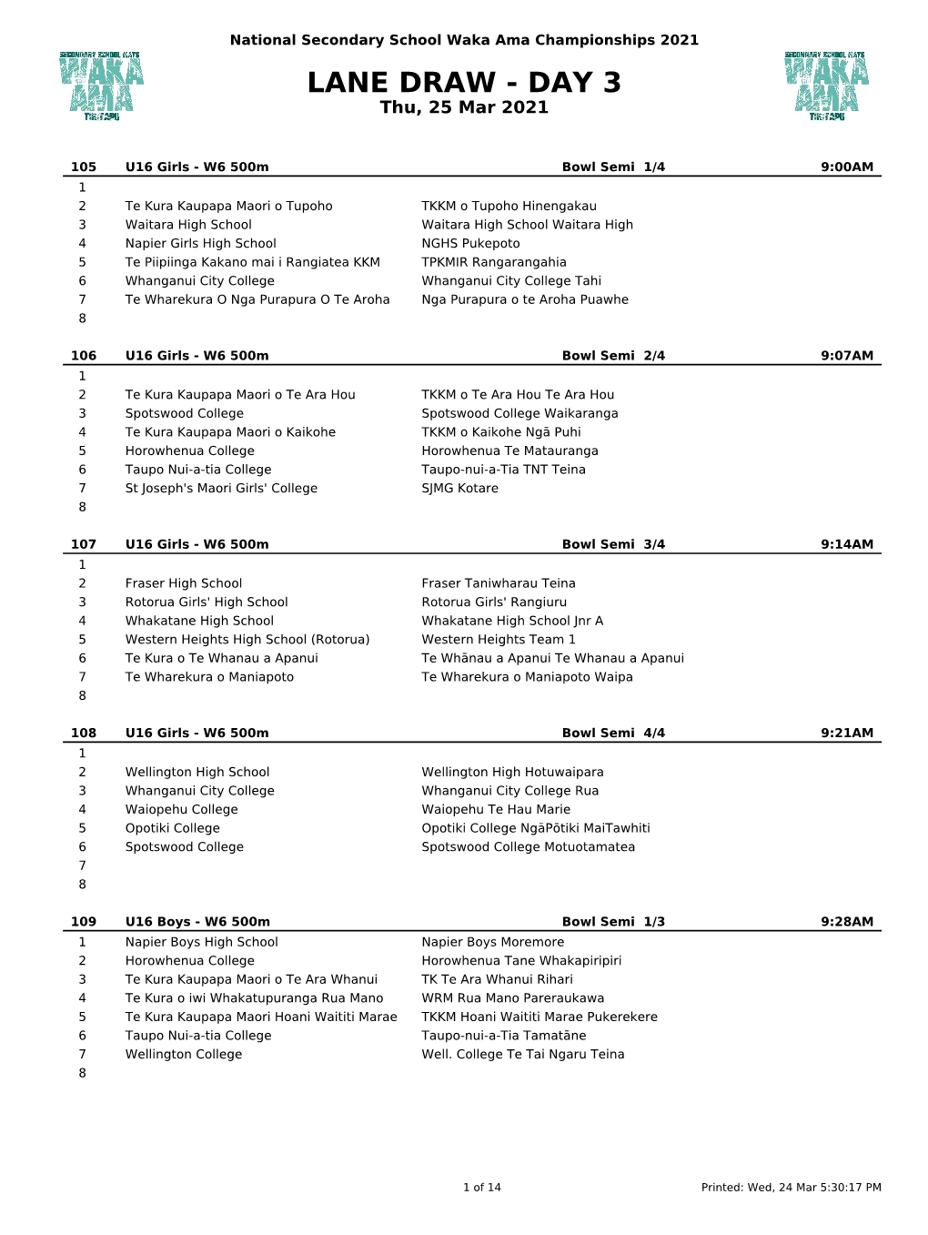 LANE DRAW - DAY 3 Thu, 25 Mar 2021